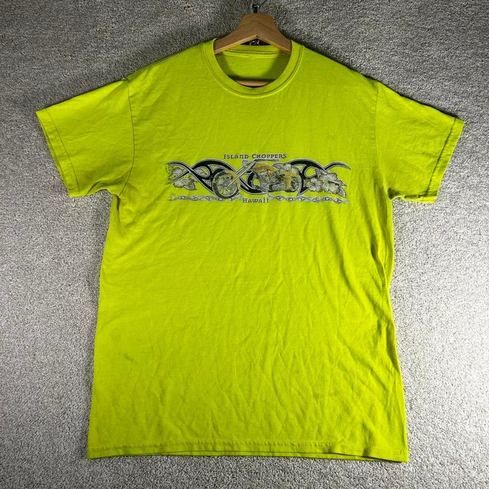 Y2K Island Choppers highlighter yellow biker t-shirt